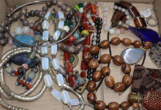 A mixed group of assorted costume jewellery including hematite necklace and two mounted glass scent bottles.